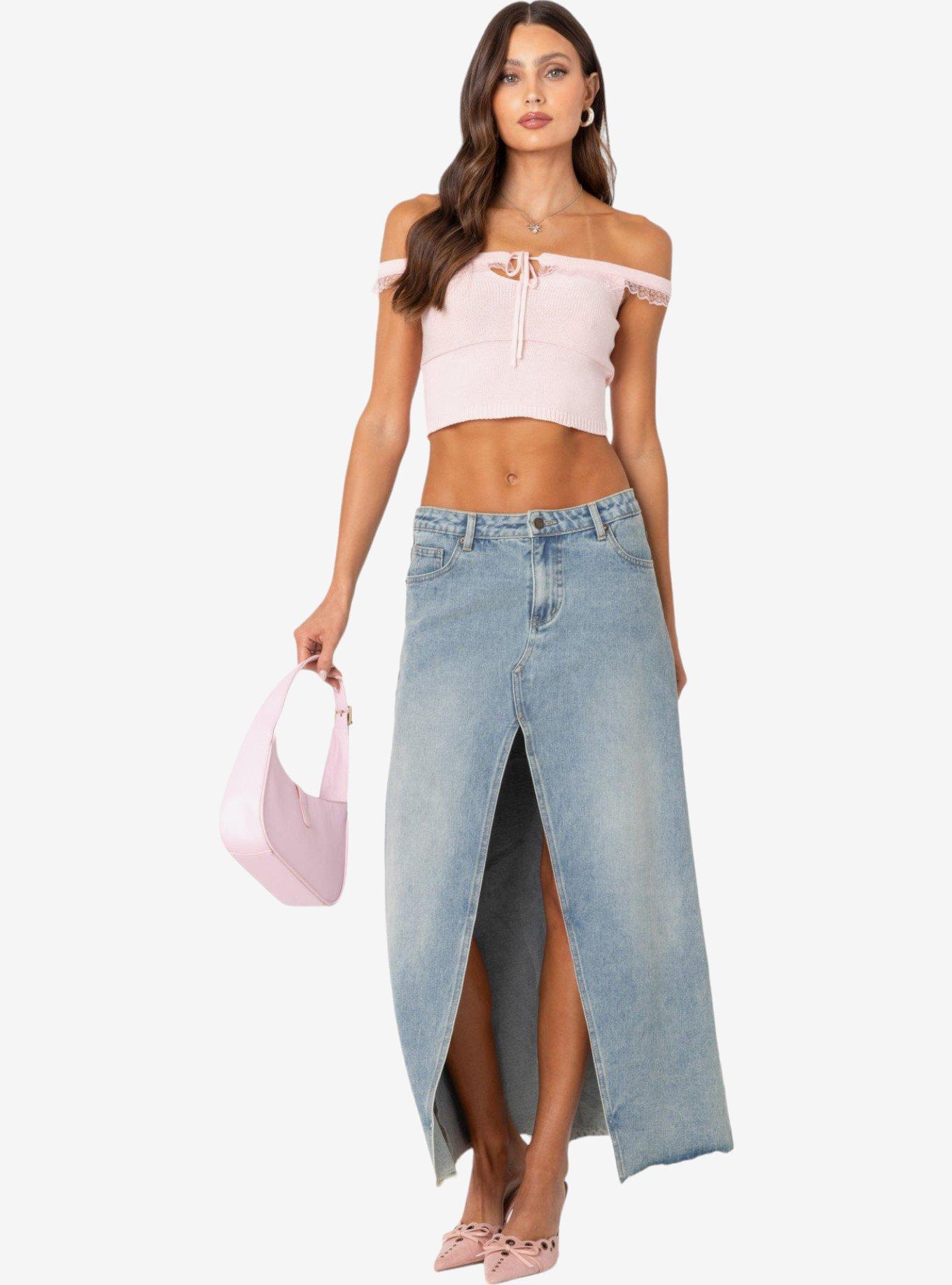 Edikted Off Shoulder Trimmed Knit Top, PINK, alternate