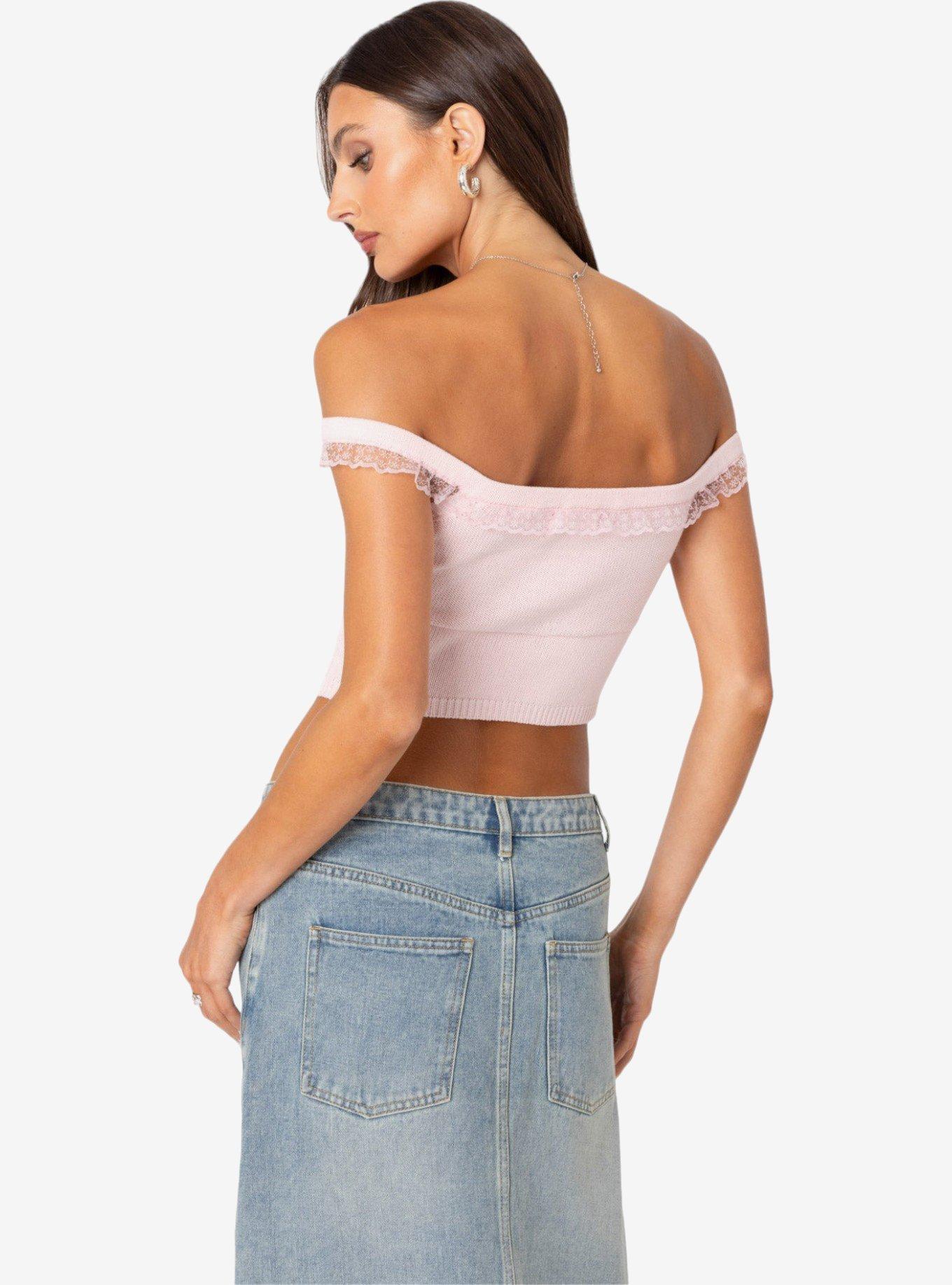 Edikted Off Shoulder Trimmed Knit Top, PINK, alternate