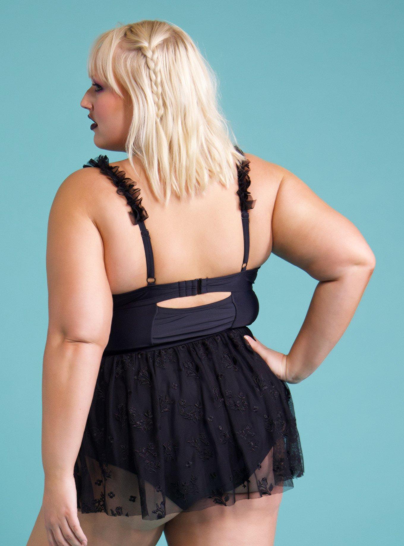 Black Rose Mesh Skirted Swimsuit Plus Size, MULTI, alternate