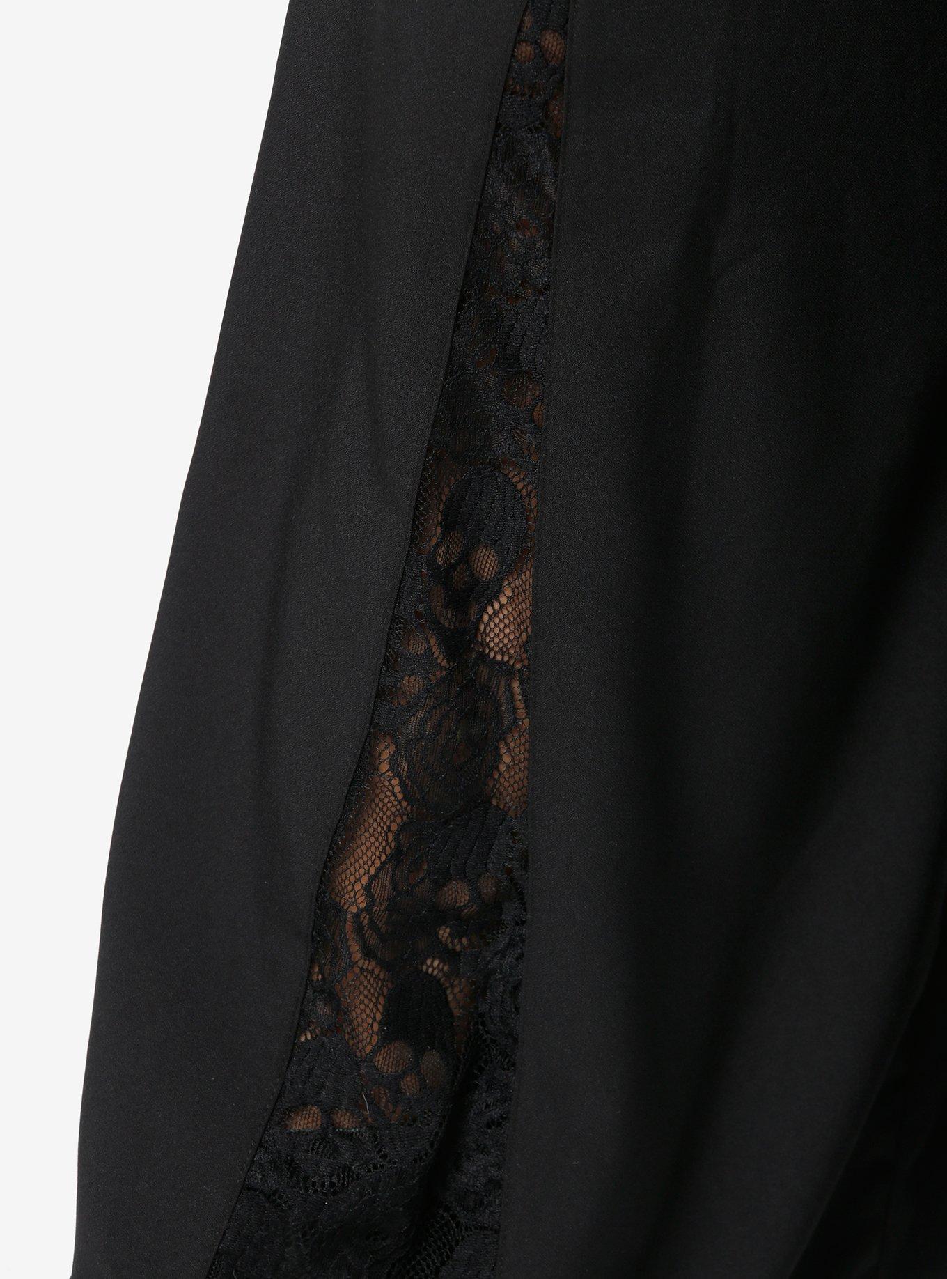 Black Lace Panel Wide Leg Pants, BLACK, alternate
