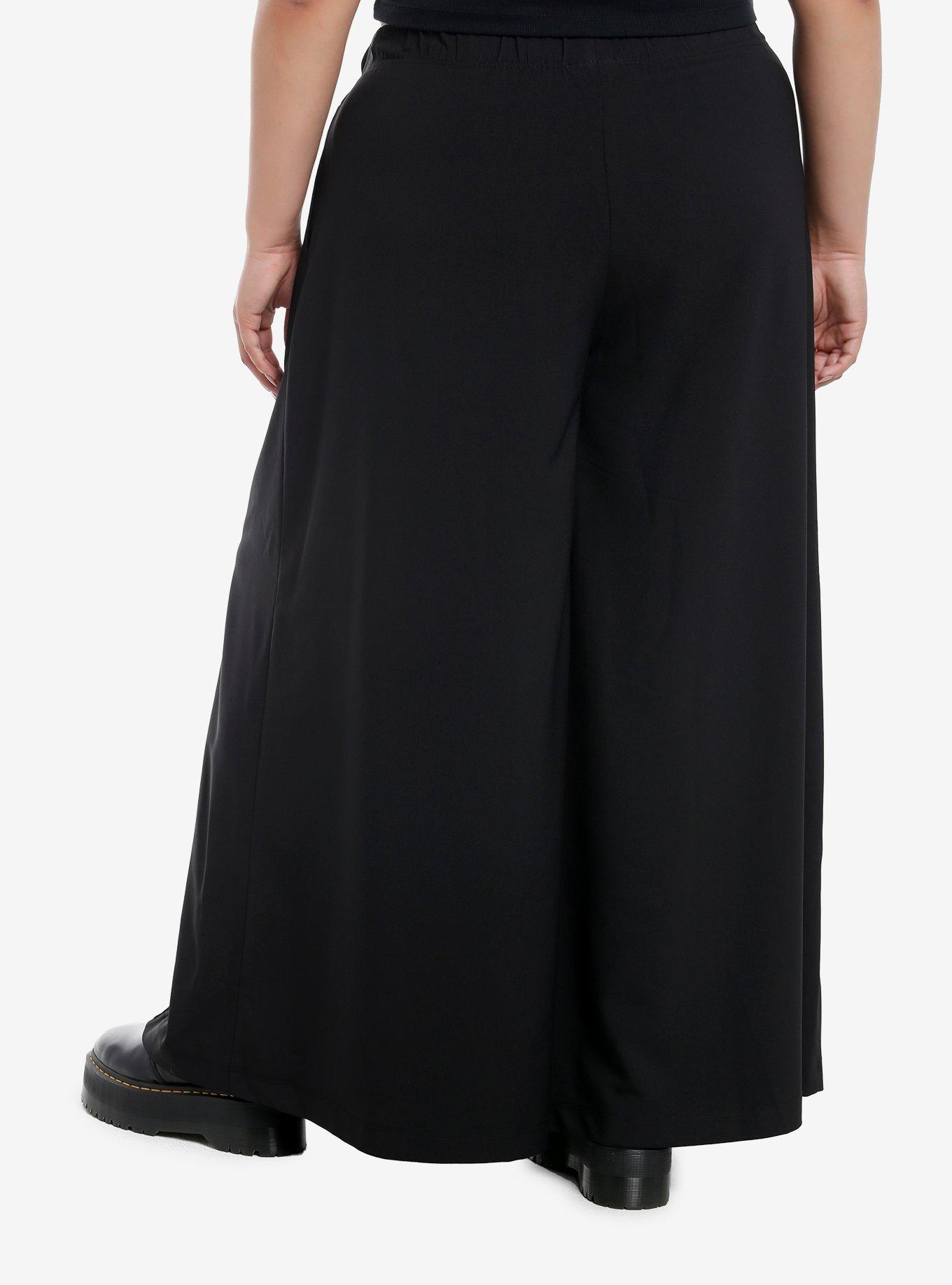 Black Lace Panel Girls Wide Leg Pants Plus Size, , hi-res