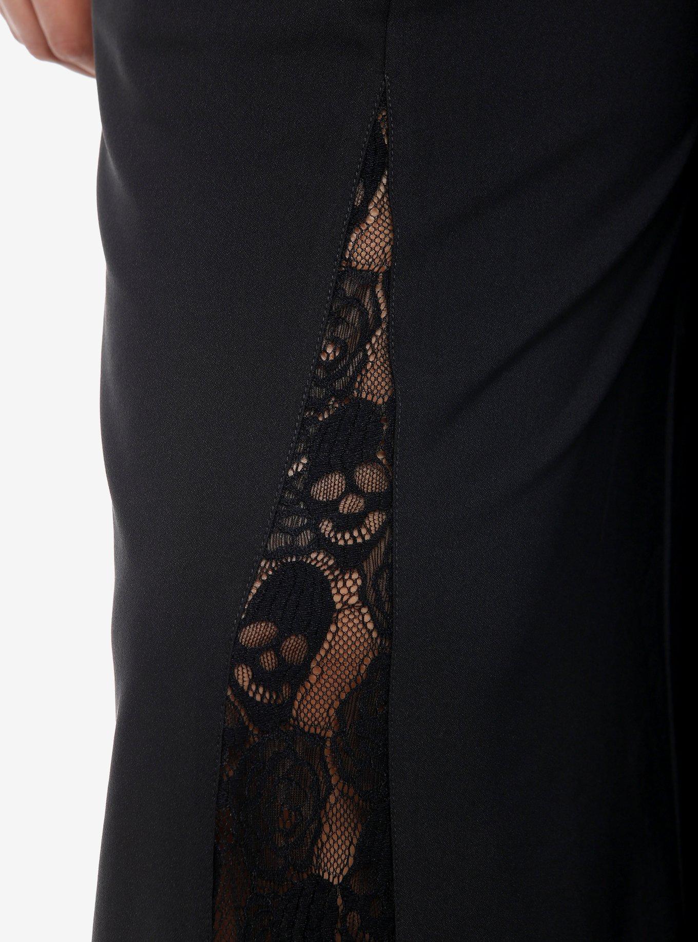 Black Lace Panel Girls Wide Leg Pants Plus Size, BLACK, alternate