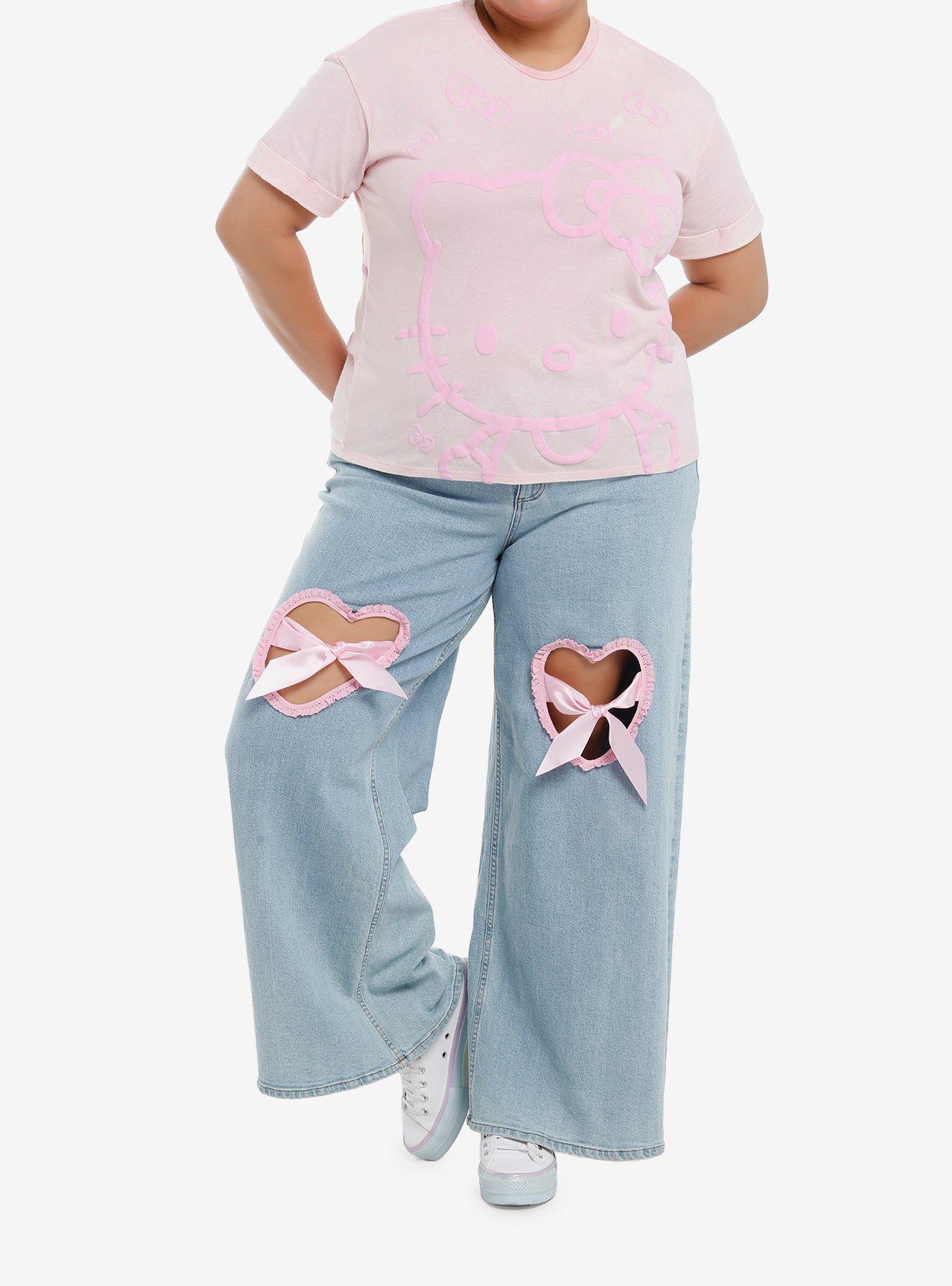 Hello Kitty Pink Outline Boyfriend Fit Girls T-Shirt Plus Size, PINK, alternate
