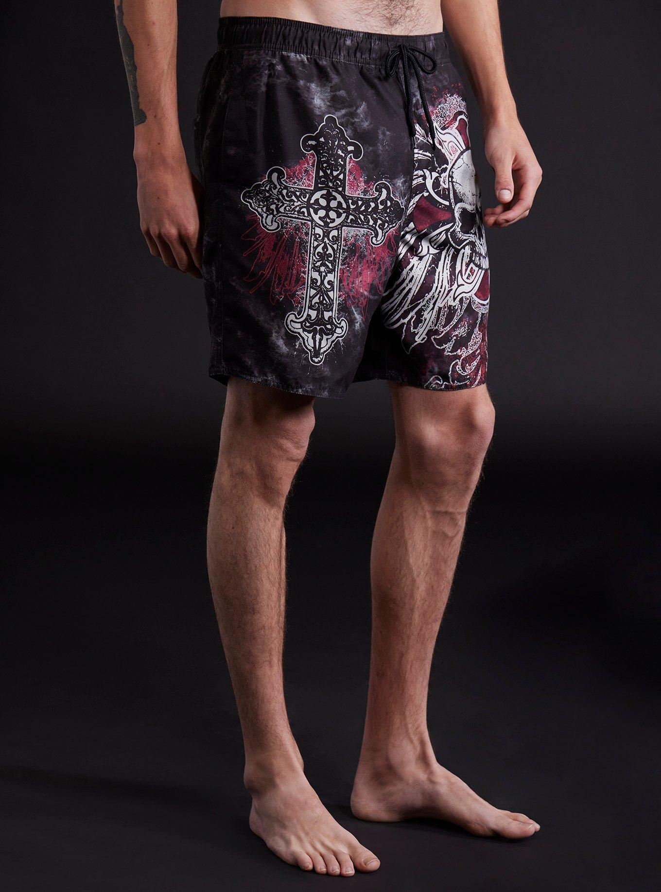 Y2K Skull Cross Dark Wash Swim Trunks, MULTI, alternate