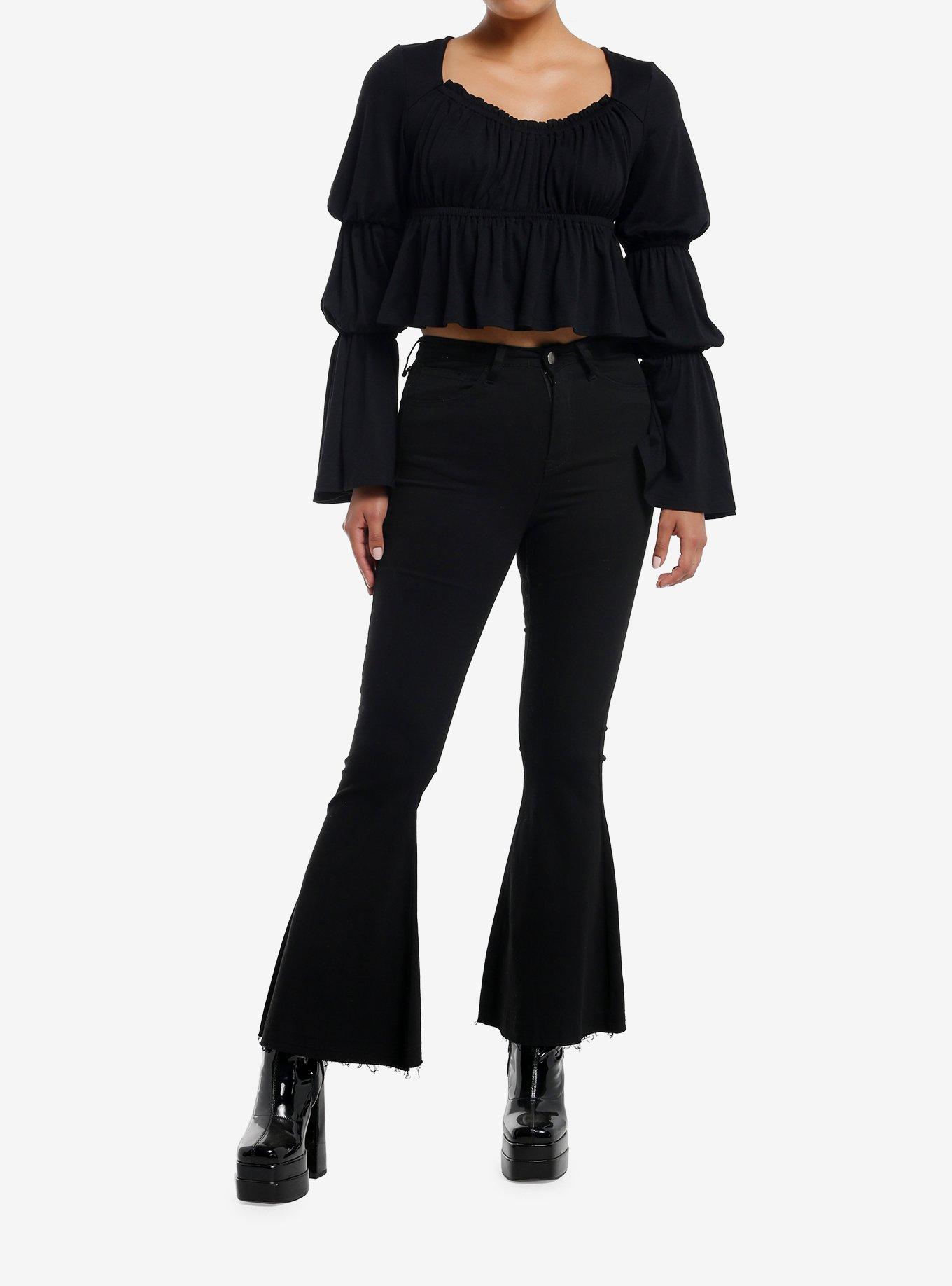 Thorn & Fable Black Ruched Bell Sleeve Girls Top, , hi-res