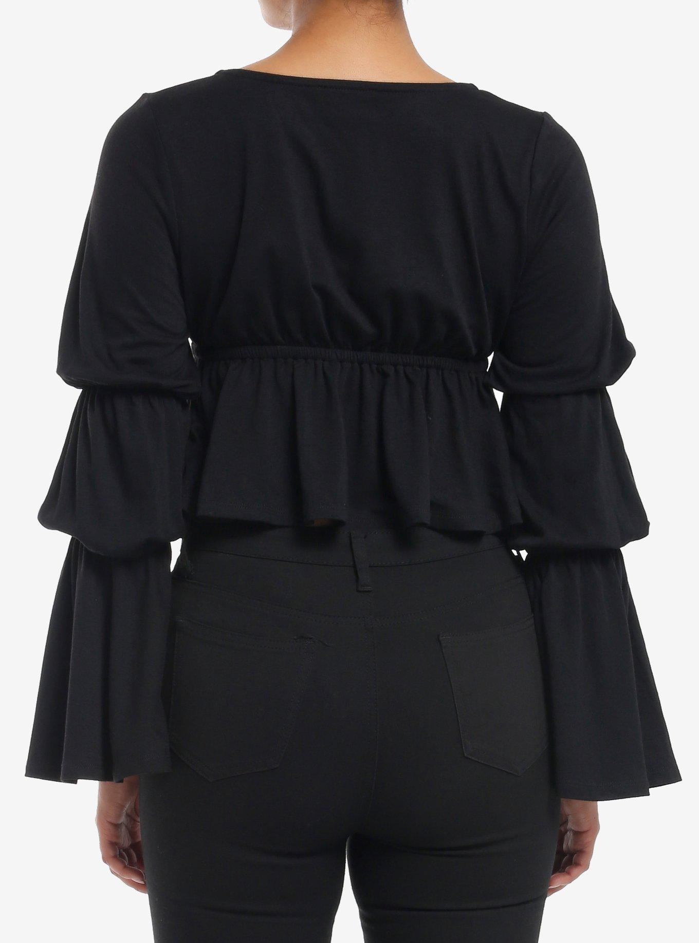 Thorn & Fable Black Ruched Bell Sleeve Girls Top, BLACK, alternate