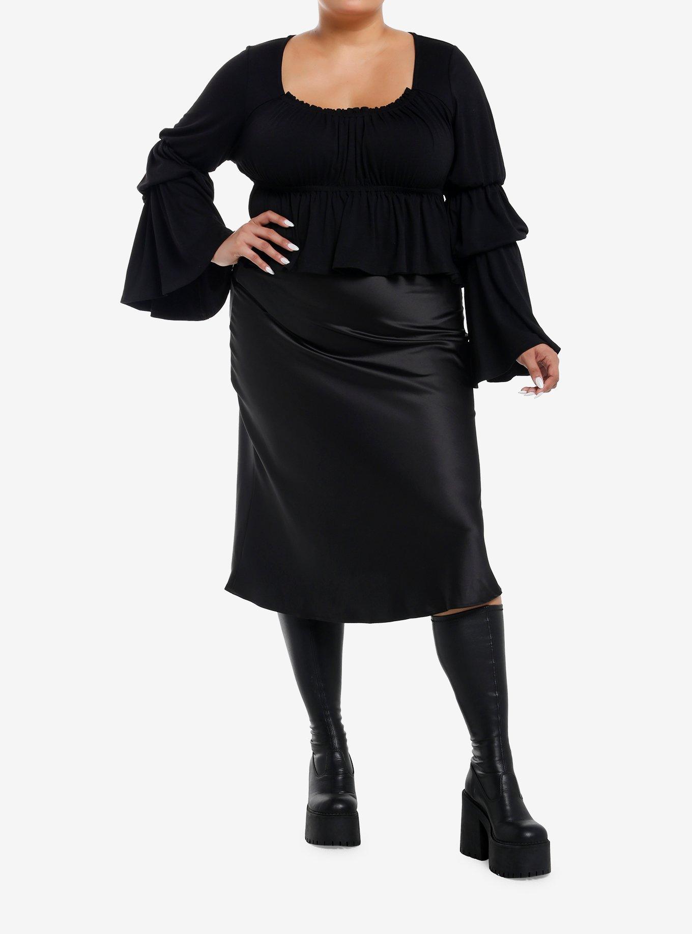 Thorn & Fable Black Ruched Bell Sleeve Girls Top Plus Size, , alternate