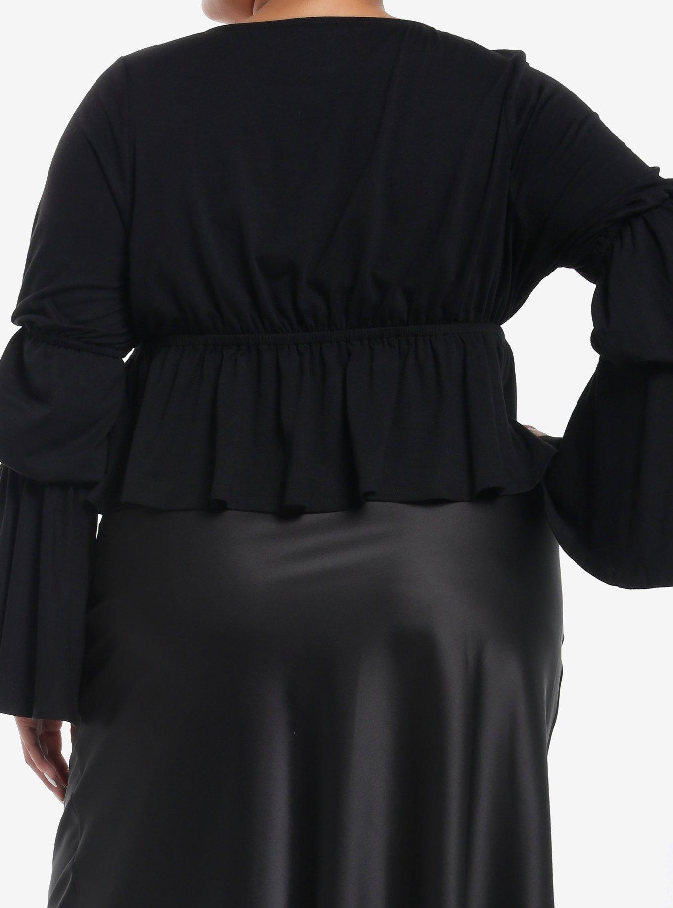 Thorn & Fable Black Ruched Bell Sleeve Girls Top Plus Size, , alternate