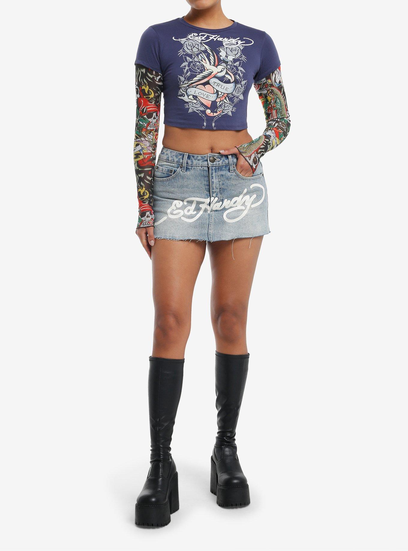 Ed Hardy True Love Mesh Girls Twofer Long-Sleeve Top, MULTI, alternate