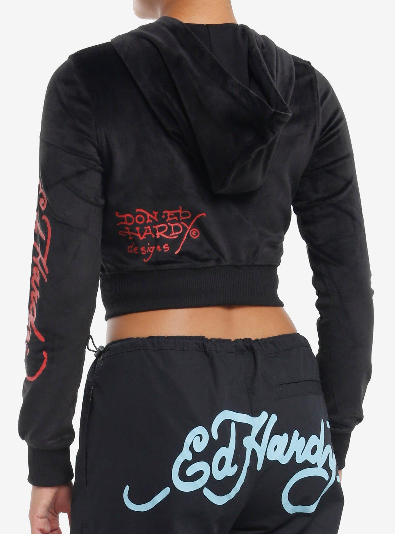 Ed Hardy New York City Black Velour Girls Crop Hoodie, , hi-res