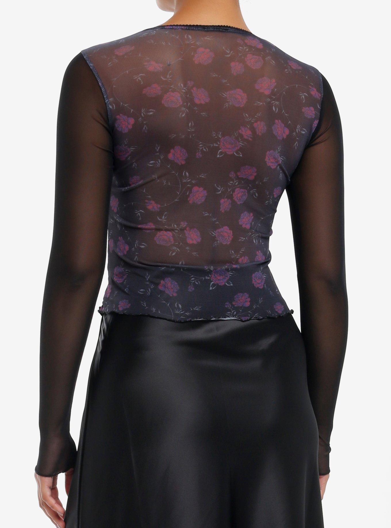 Thorn & Fable Purple Roses Mesh Girls Long-Sleeve Top, PINK, alternate