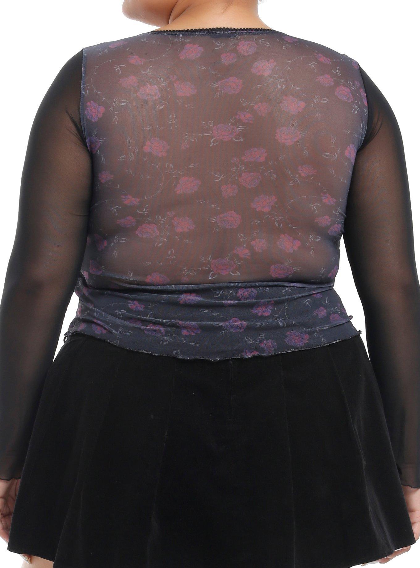 Thorn & Fable Purple Roses Mesh Girls Long-Sleeve Top Plus Size, PINK, alternate