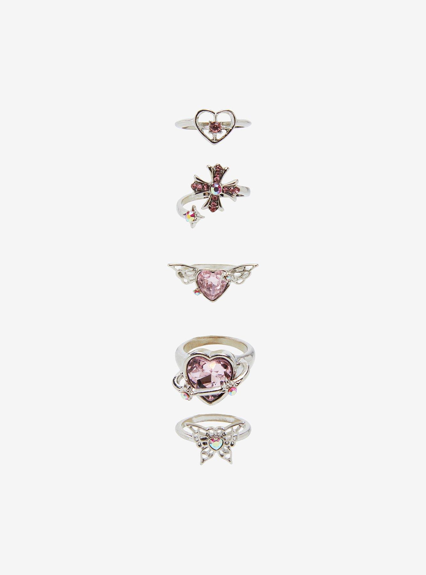 Sweet Society Pink Gem Heart Butterfly Ring Set, , alternate