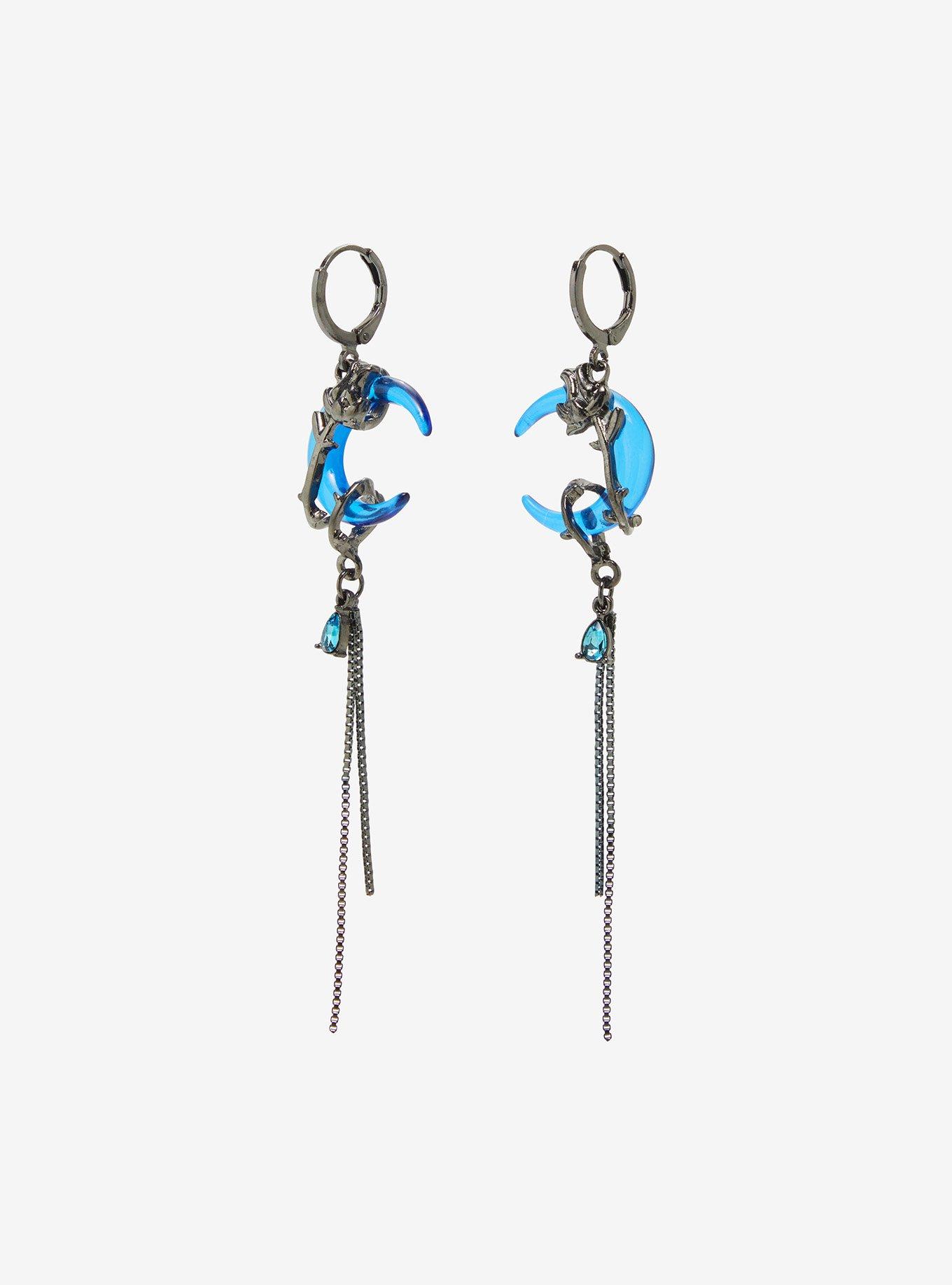 Blue Crescent Moon Wrap Drop Earrings, , alternate