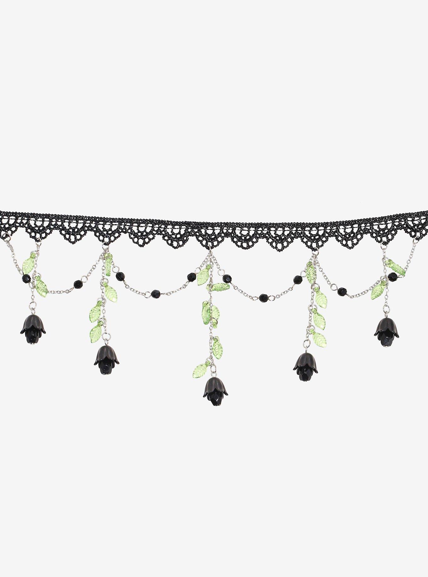 Thorn & Fable Black Flower Lace Layered Choker, , alternate