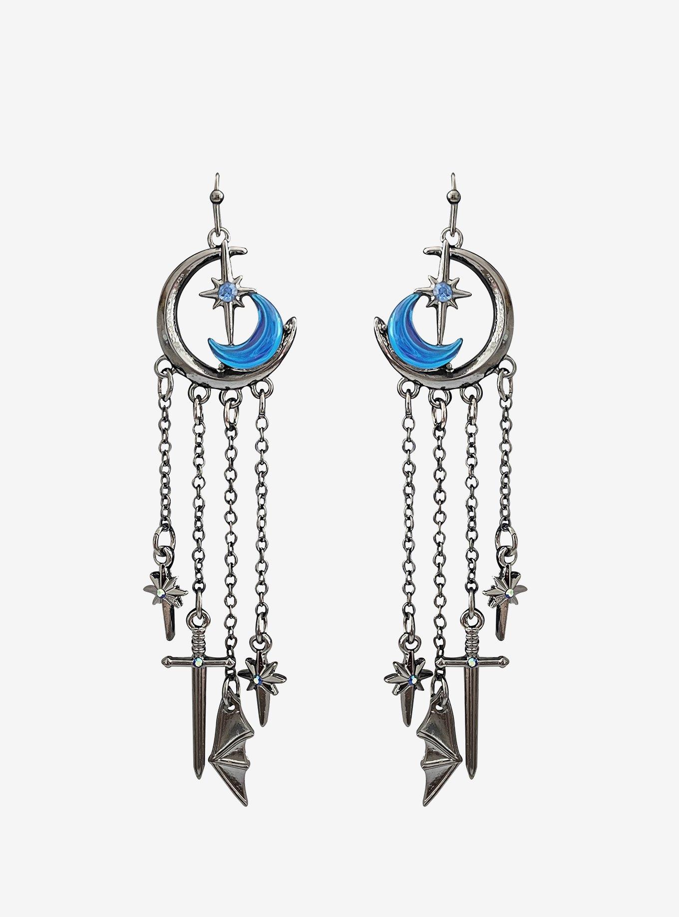 Thorn & Fable Crescent Moon Chain Drop Earrings, , hi-res
