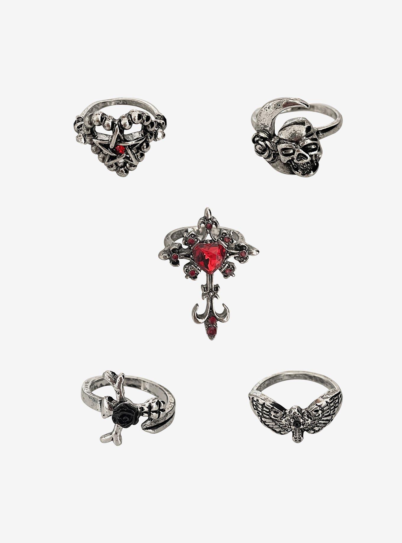 Gothic Cross Skull Heart Ring Set, , hi-res