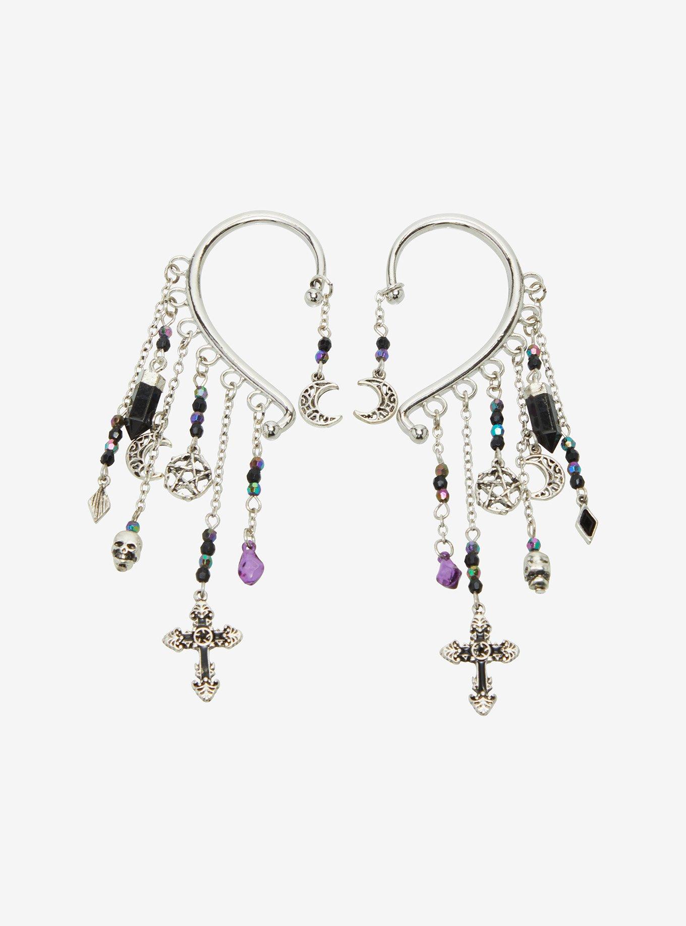 Cosmic Aura Cross Celestial Bead Chain Ear Cuffs, , hi-res