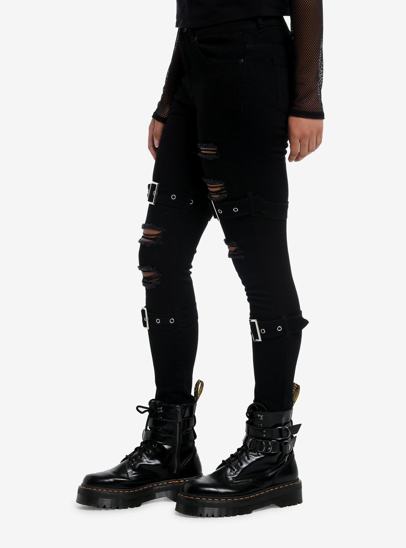 Black Ultra Hi-Rise Buckle Girls Super Skinny Jeans, BLACK, alternate