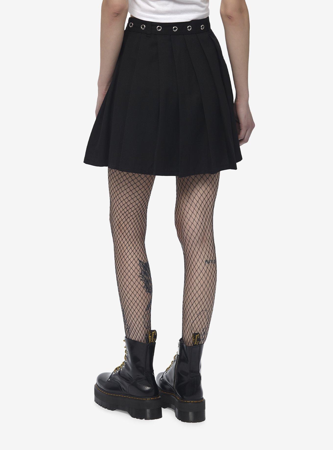 Social Collision Black Grommet Chain Pleated Skirt, , hi-res