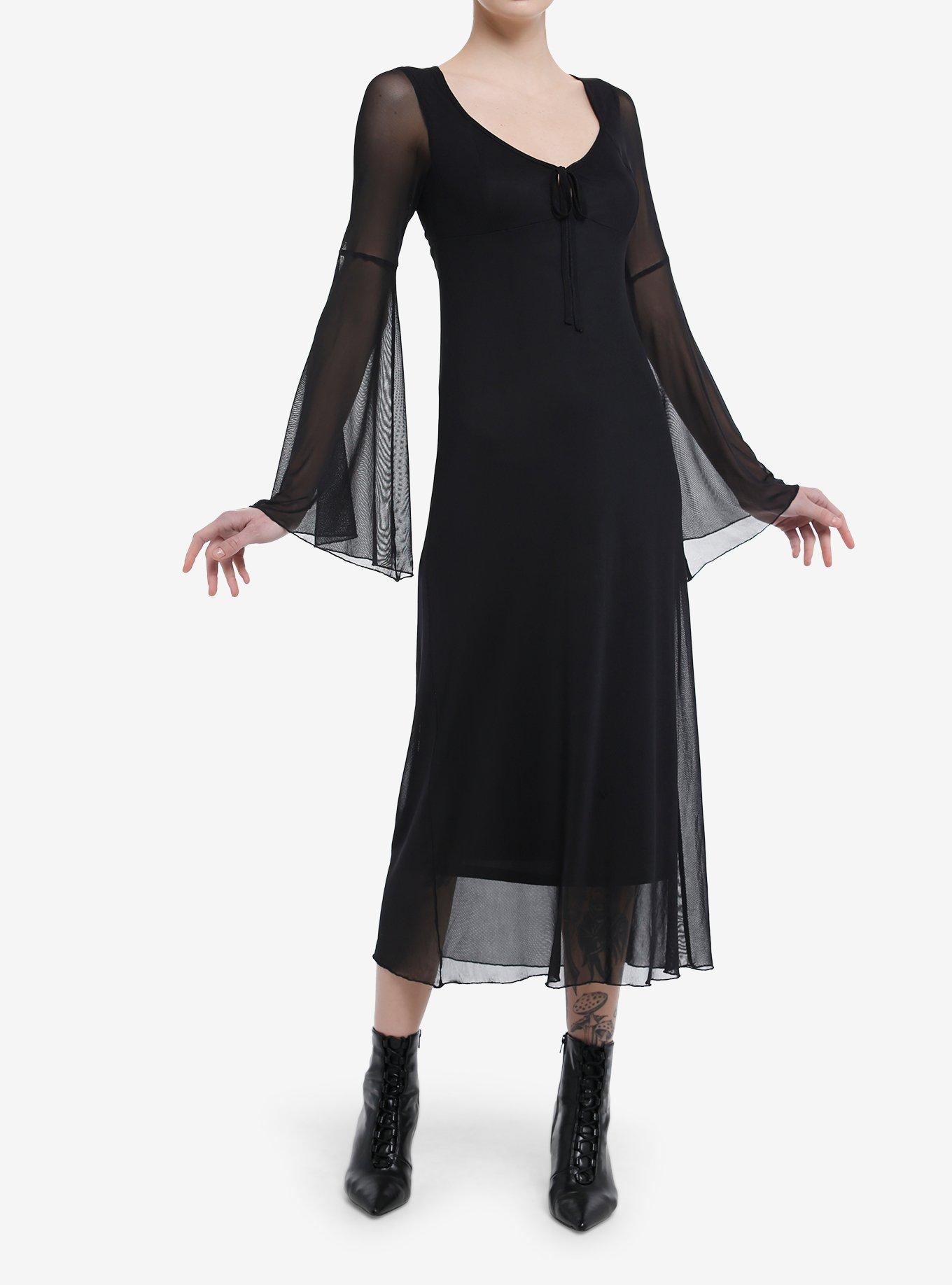 Cosmic Aura Black Mesh Bell Sleeve Midaxi Dress, BLACK, alternate