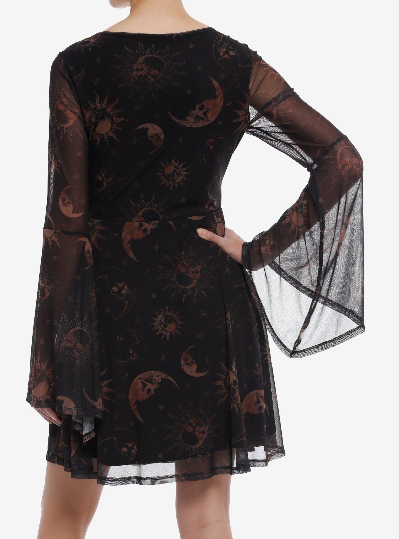 Cosmic Aura Skull Celestial Mesh Bell-Sleeve Dress, GOLD, alternate