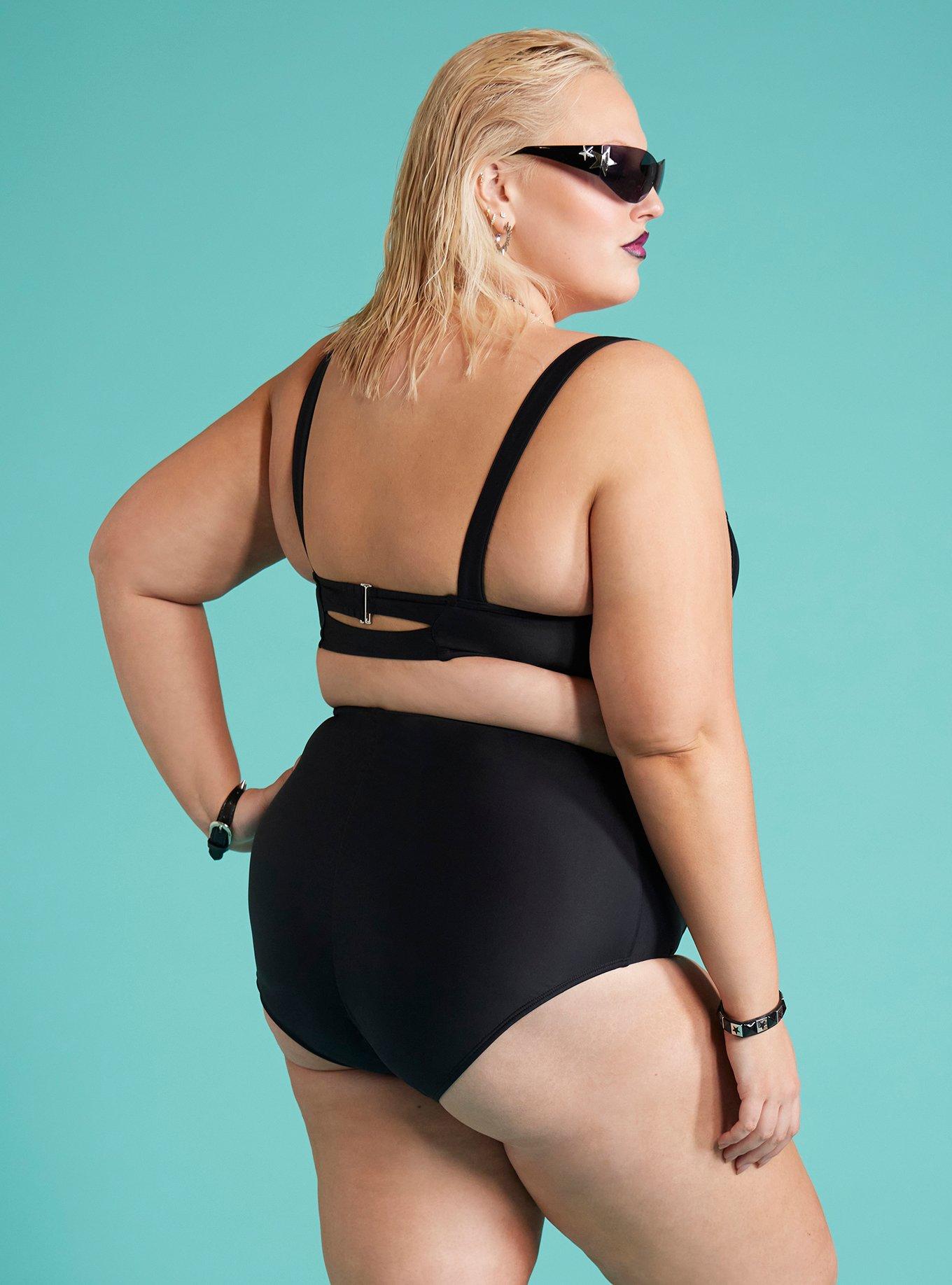 Black Grommet Buckle Swim Top Plus Size, MULTI, alternate