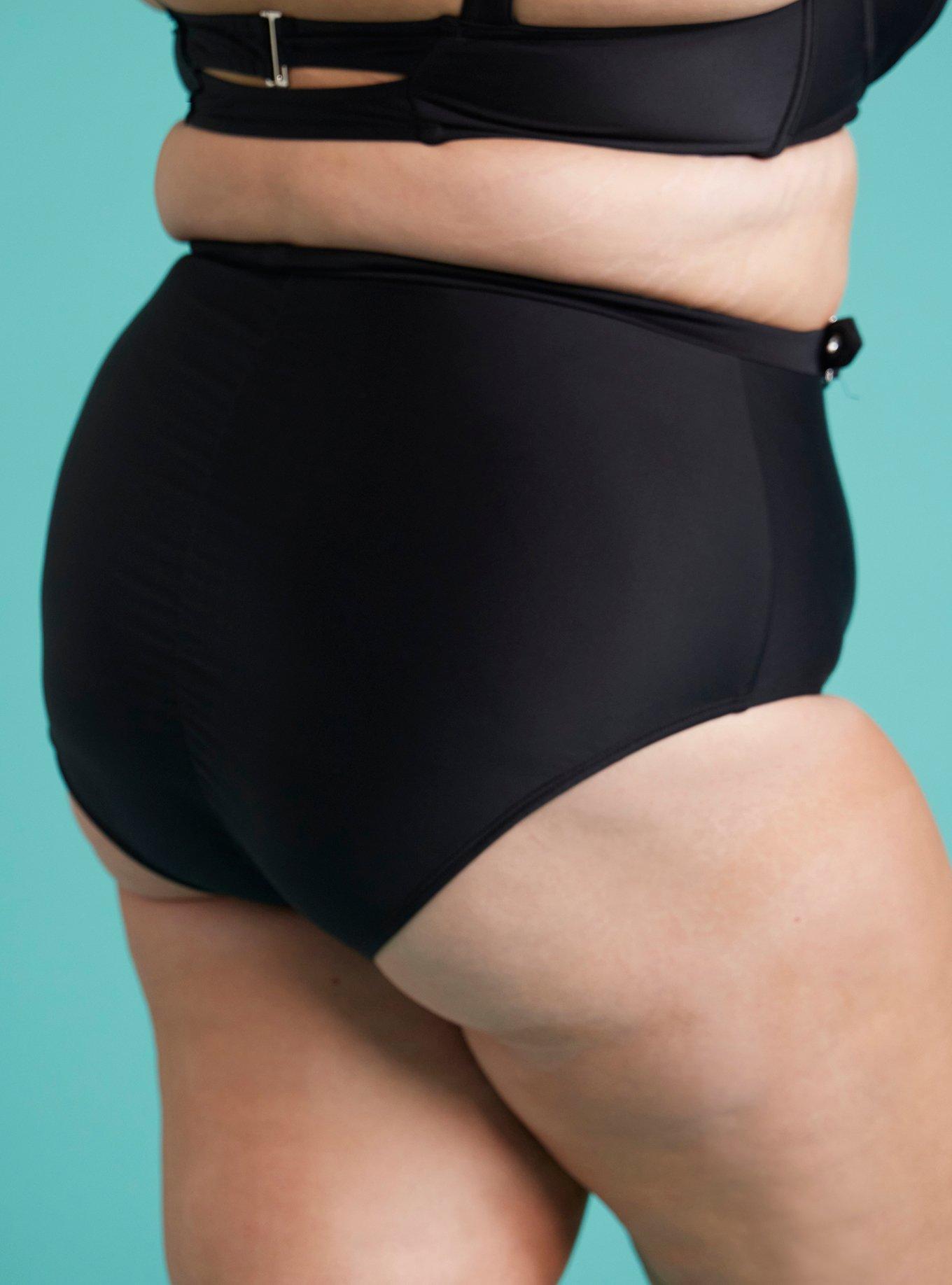 Black Grommet Buckle High-Waisted Swim Bottoms Plus Size, MULTI, alternate