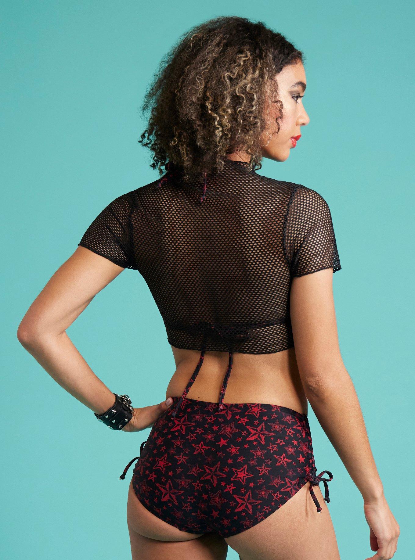Black & Red Star Halter Swim Top & Fishnet Cover-Up Set, MULTI, alternate