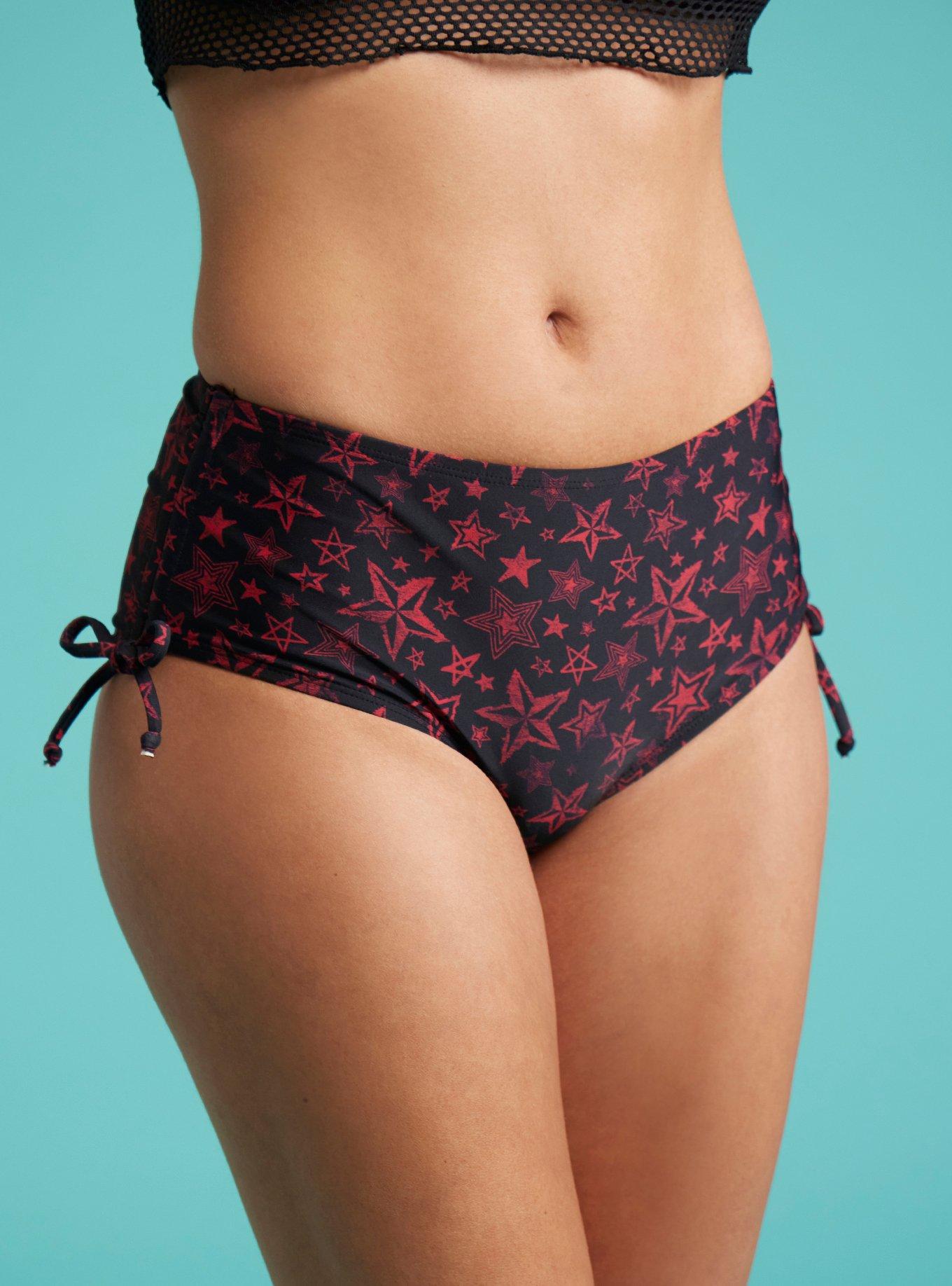 Black & Red Star Ruched Swim Bottoms, , hi-res