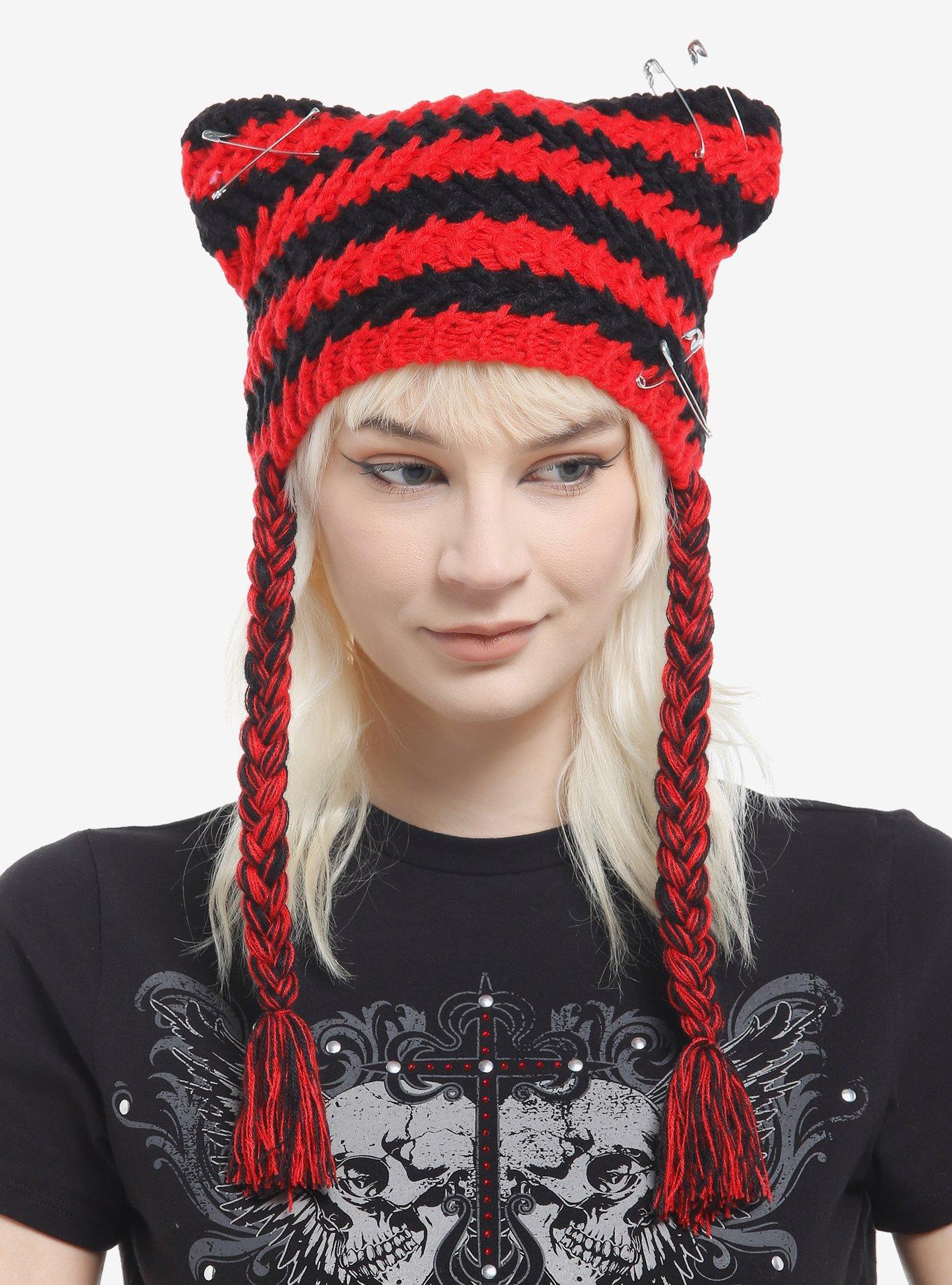 Red & Black Ear Safety Pin Tassel Beanie, , hi-res