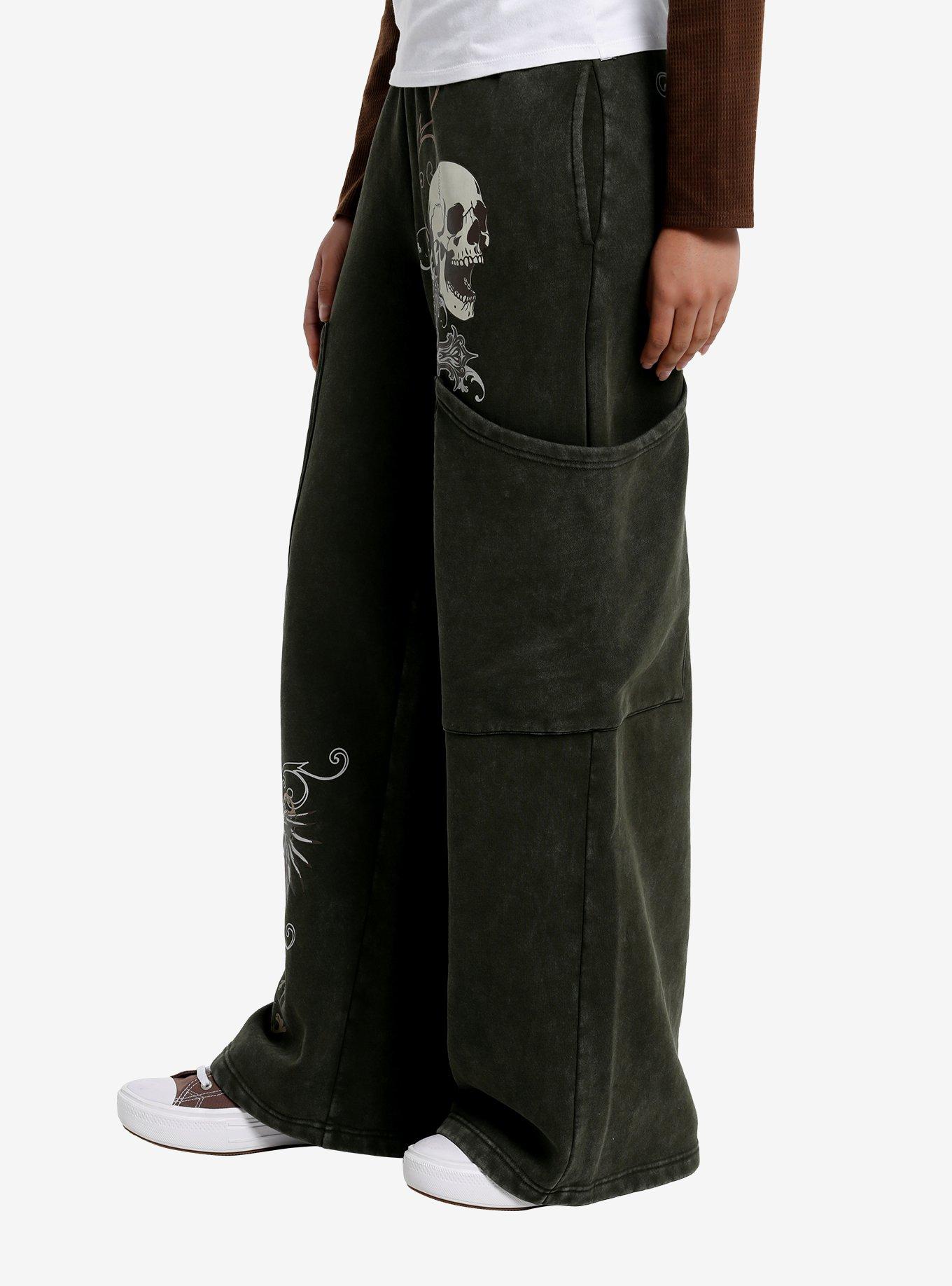 Skull & Cross Green Wide Leg Girls Lounge Pants, GREY, alternate