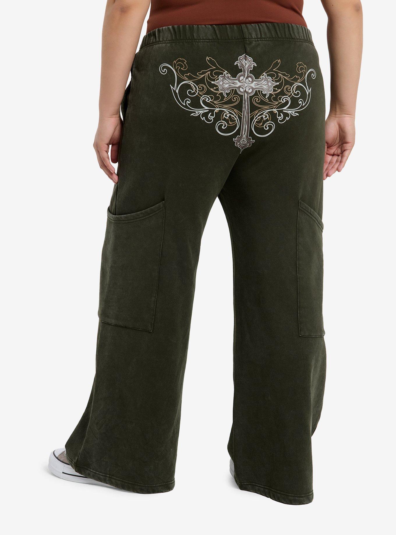 Skull & Cross Green Wide Leg Girls Lounge Pants Plus Size, , hi-res