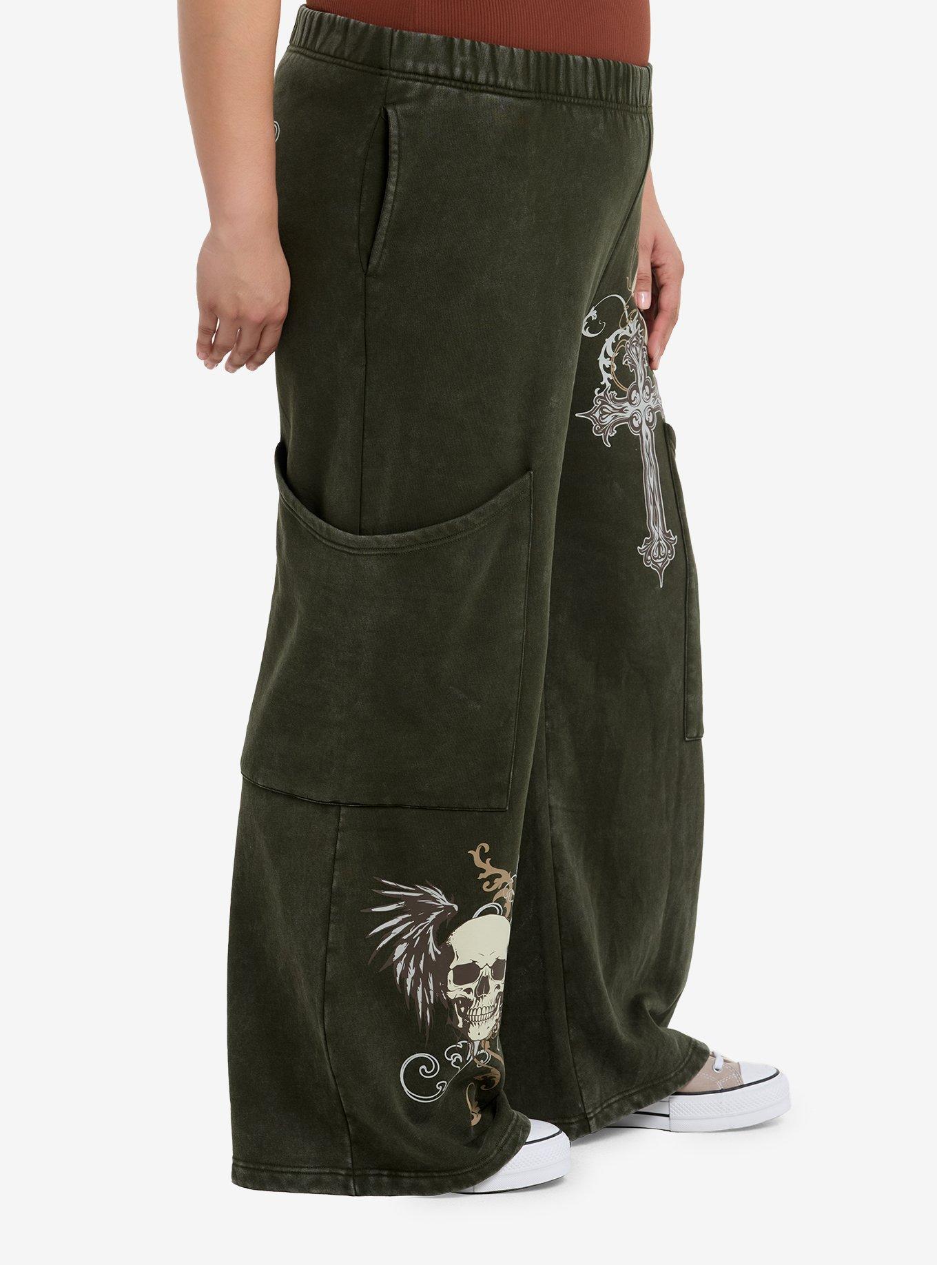 Skull & Cross Green Wide Leg Girls Lounge Pants Plus Size, GREY, alternate