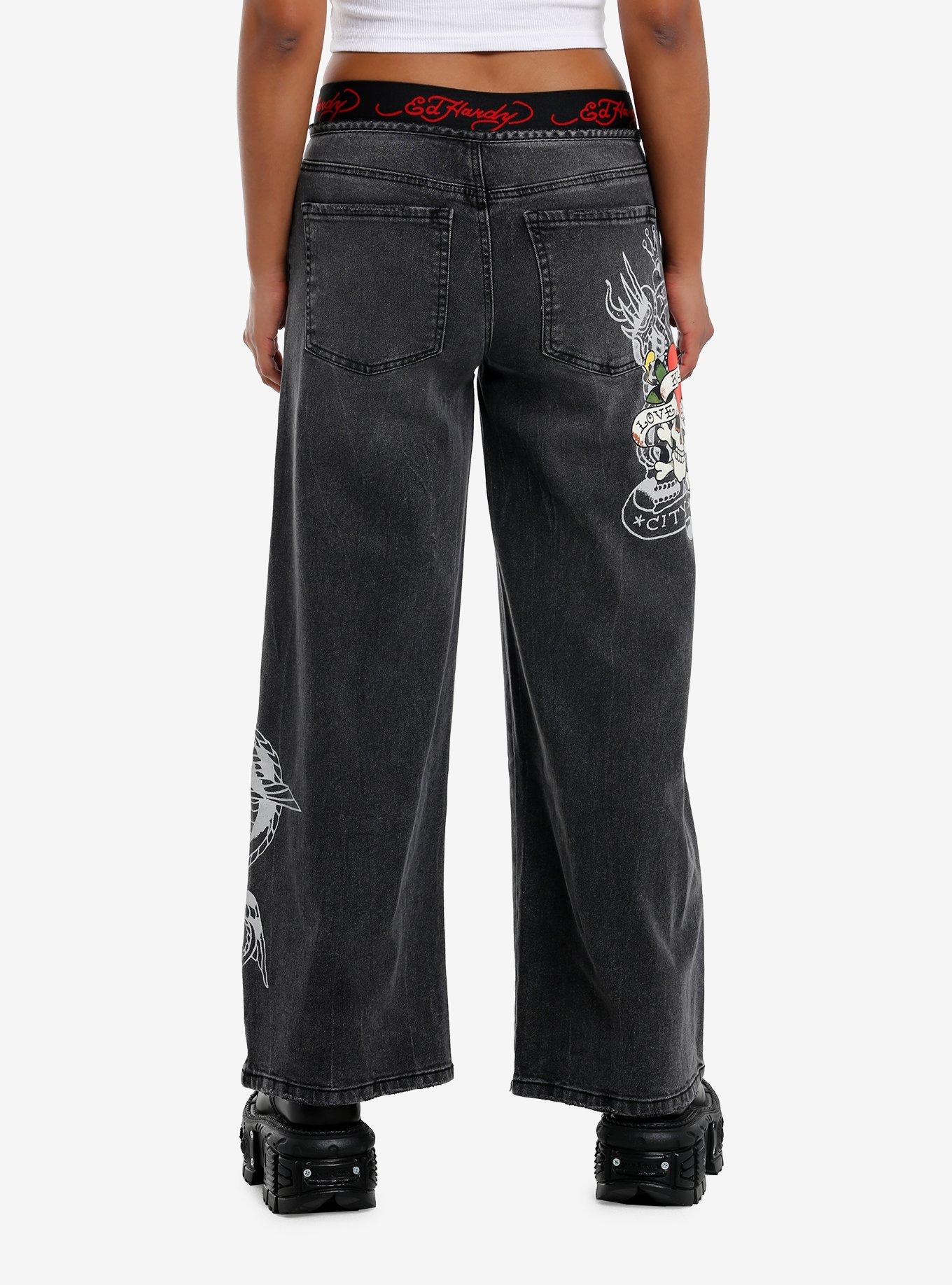 Ed Hardy Love Kills Slowly Grey Wash Wide Leg Jeans, MULTI, alternate