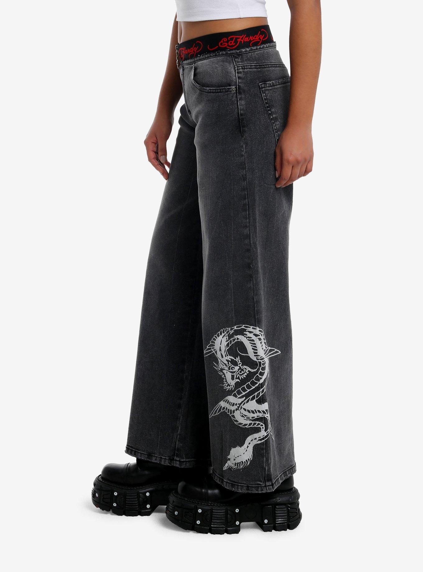 Ed Hardy Love Kills Slowly Grey Wash Wide Leg Jeans, MULTI, alternate