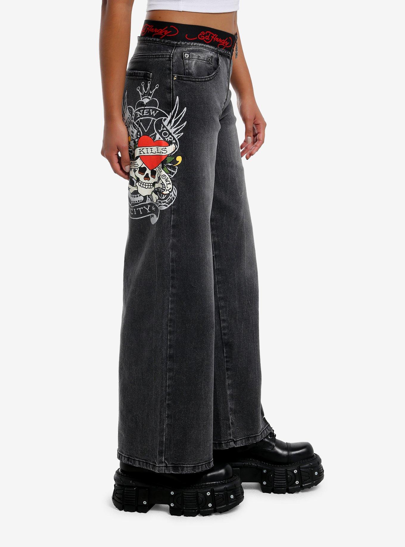 Ed Hardy Love Kills Slowly Grey Wash Wide Leg Jeans, MULTI, alternate