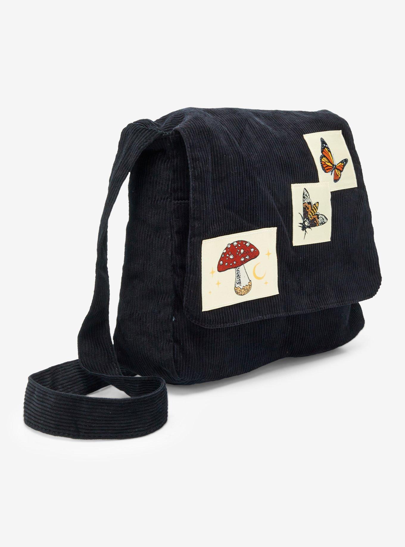 Mushroom Moth & Butterfly Black Corduroy Messenger Bag, , hi-res