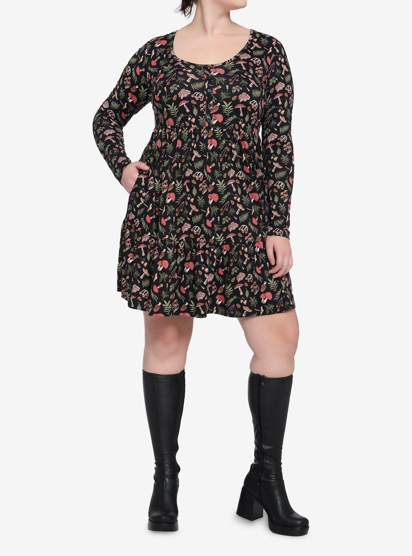 Woodland Mushroom Tiered Long-Sleeve Dress Plus Size, , hi-res