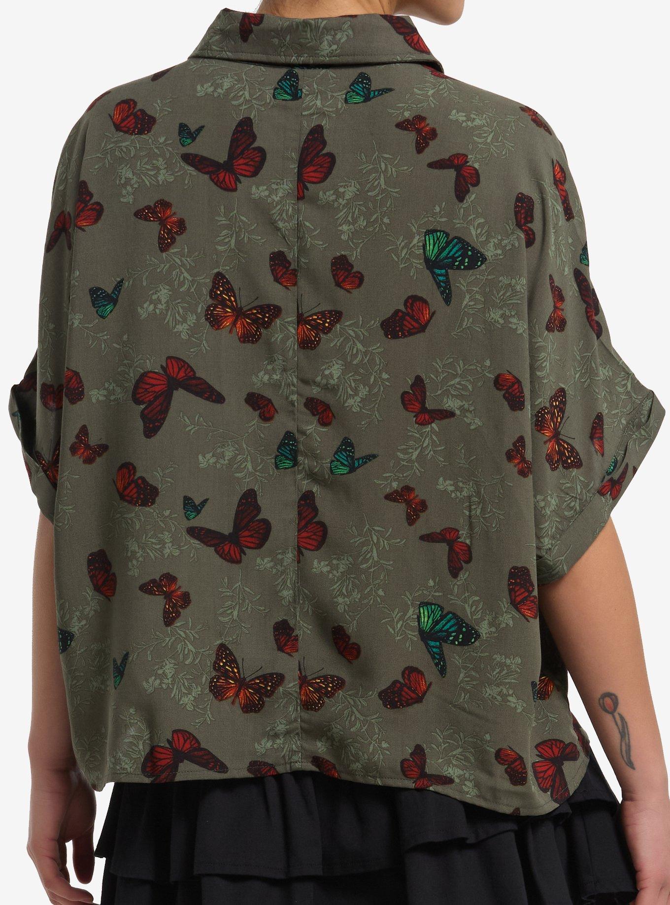 Green & Orange Butterfly Allover Print Girls Woven Button-Up, MULTI, alternate