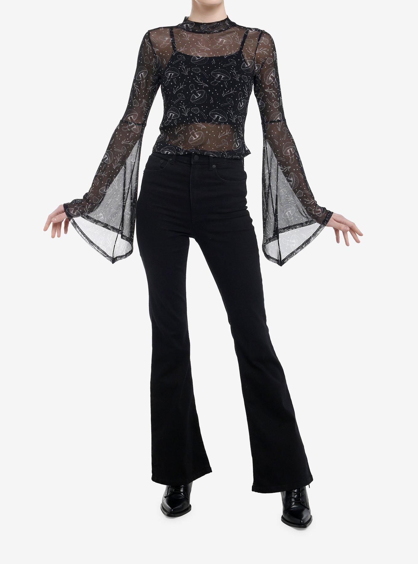 Black & Grey Mushroom Mesh Girls Bell Sleeve Top, , hi-res