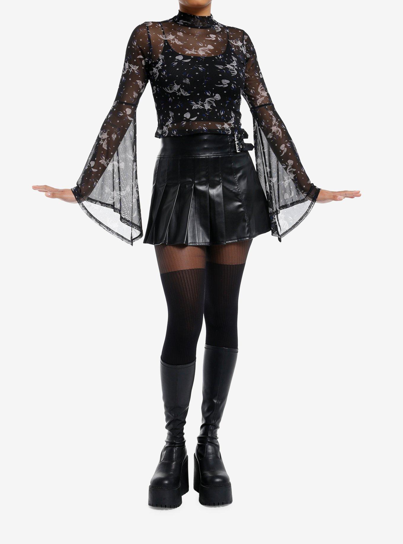 Black Bats Allover Print Bell Sleeve Girls Crop Top, , hi-res