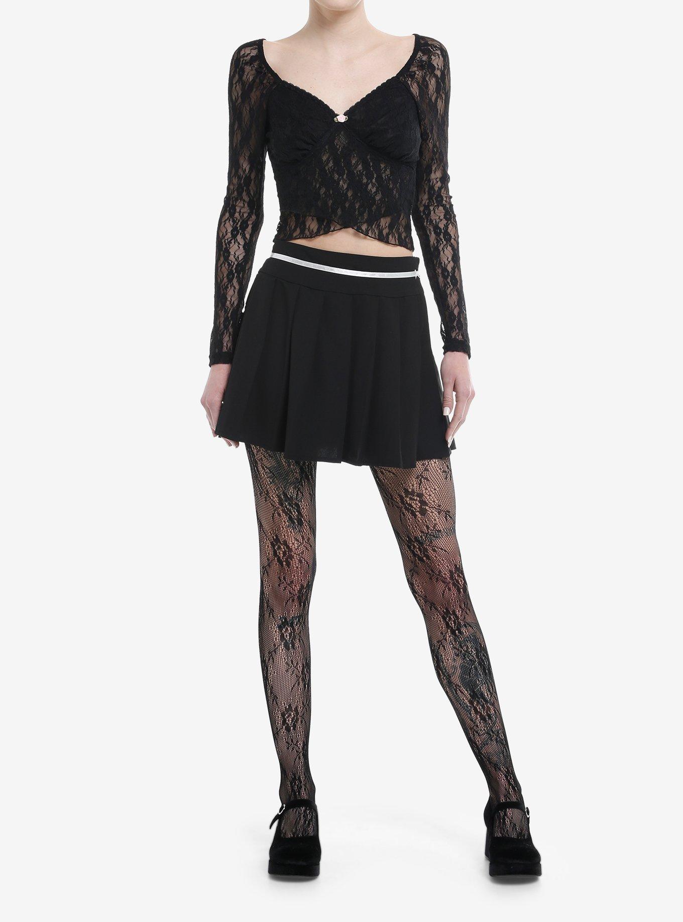 Black Lace Asymmetrical Girls Long-Sleeve Top, , hi-res