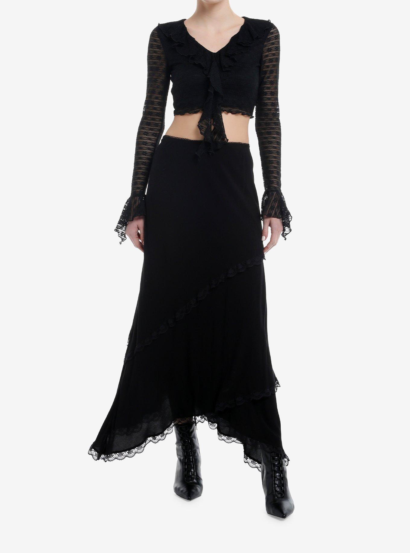 Black Flower Lace Ruffle Girls Crop Long-Sleeve Top, , hi-res