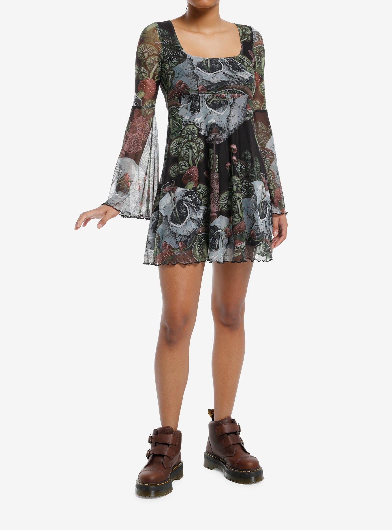 Thorn & Fable Skulls & Mushrooms Bell Sleeve Mini Dress, , hi-res