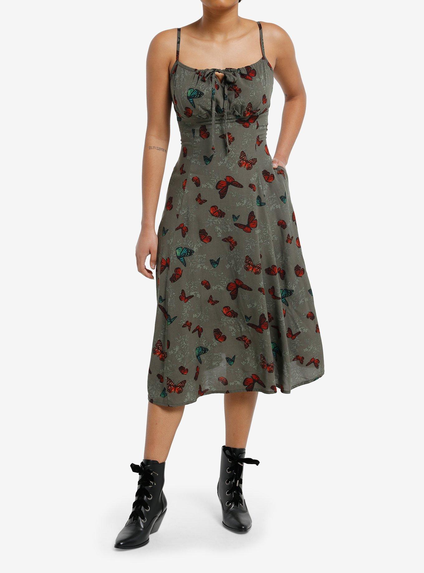 Thorn & Fable Green Butterfly Floral Midi Dress, , hi-res