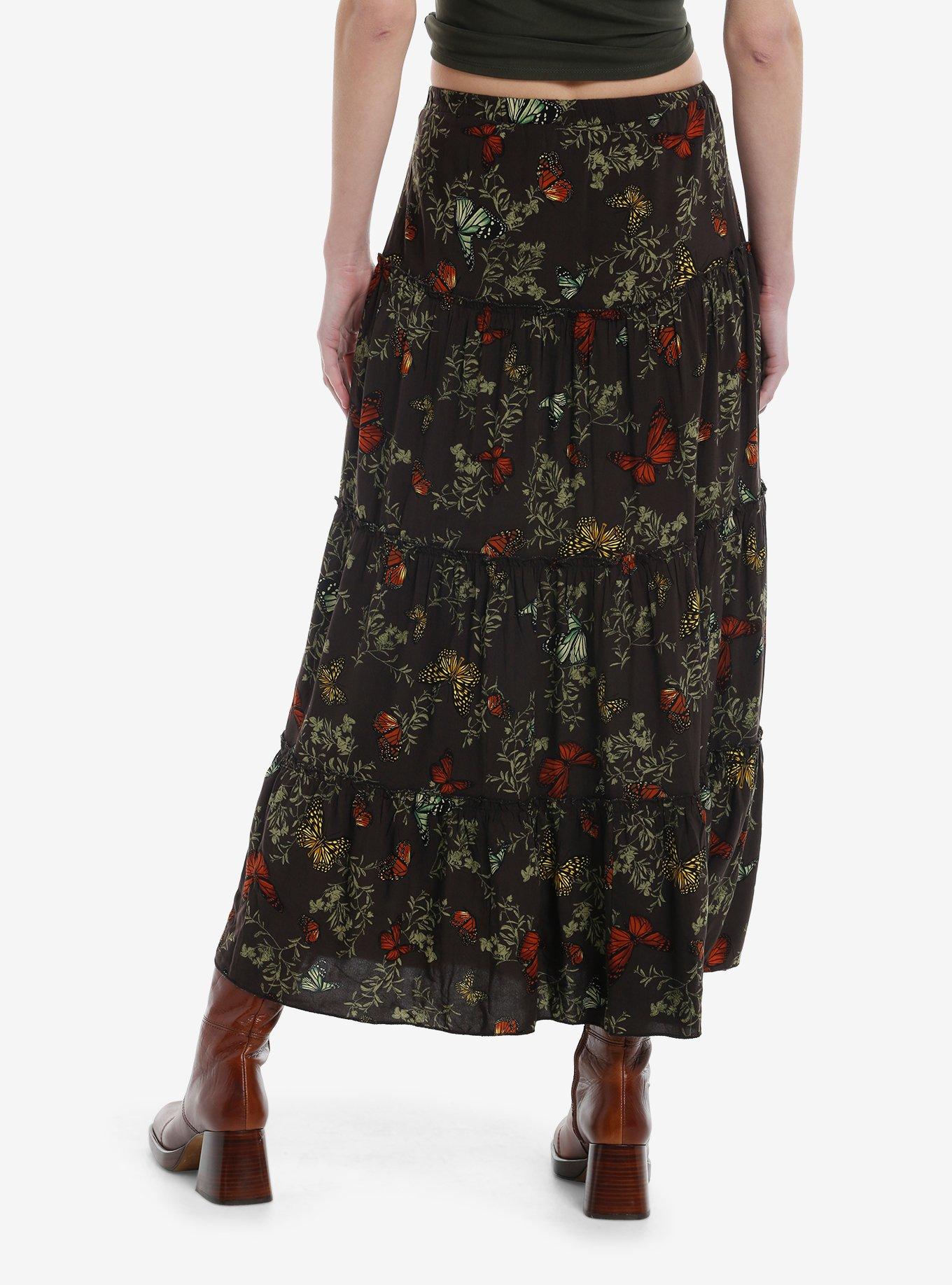 Thorn & Fable Monarch Butterfly Brown Tiered Maxi Skirt, , hi-res