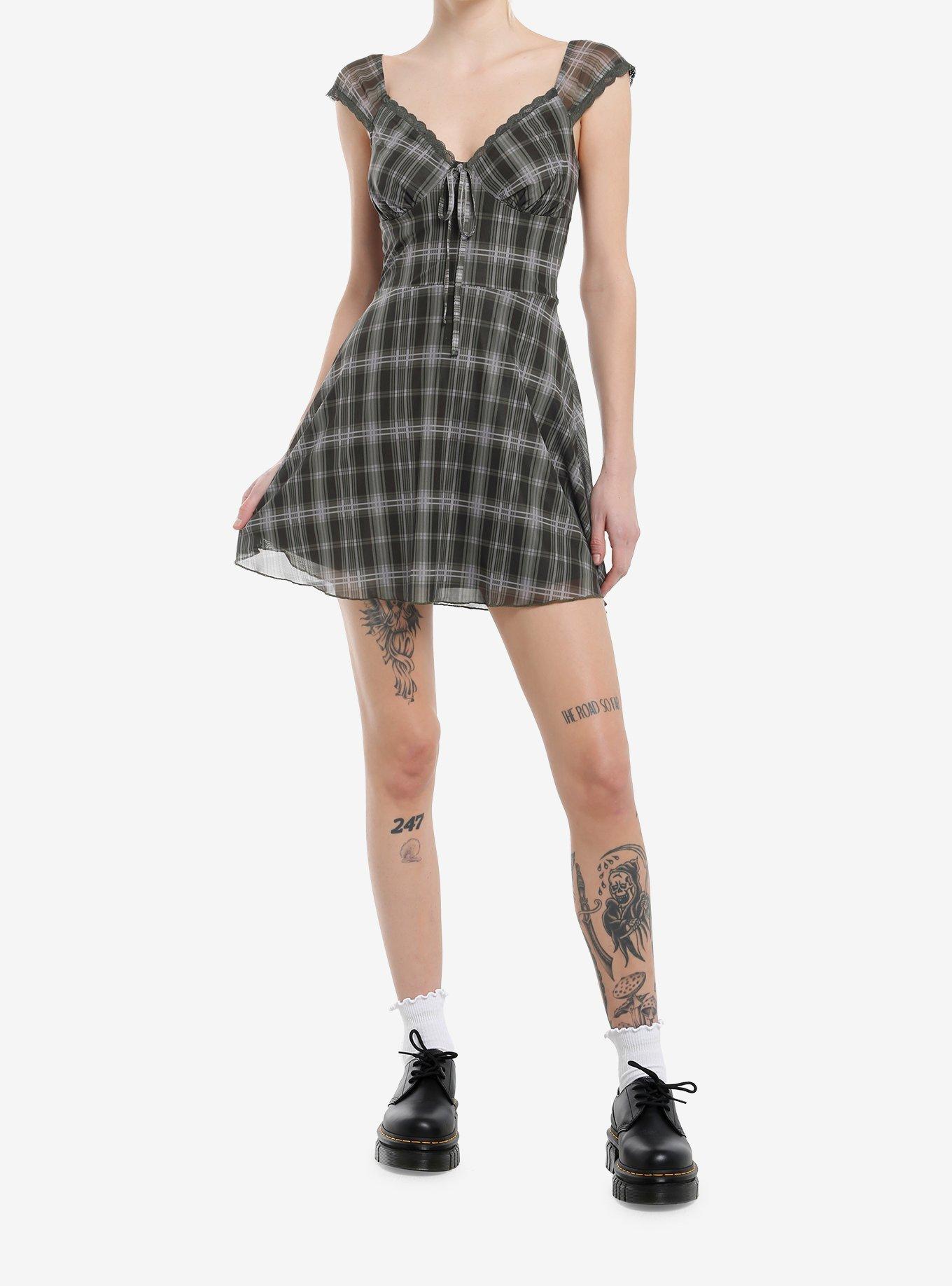 Light & Dark Green Plaid Cap Sleeve Mini Dress, , hi-res