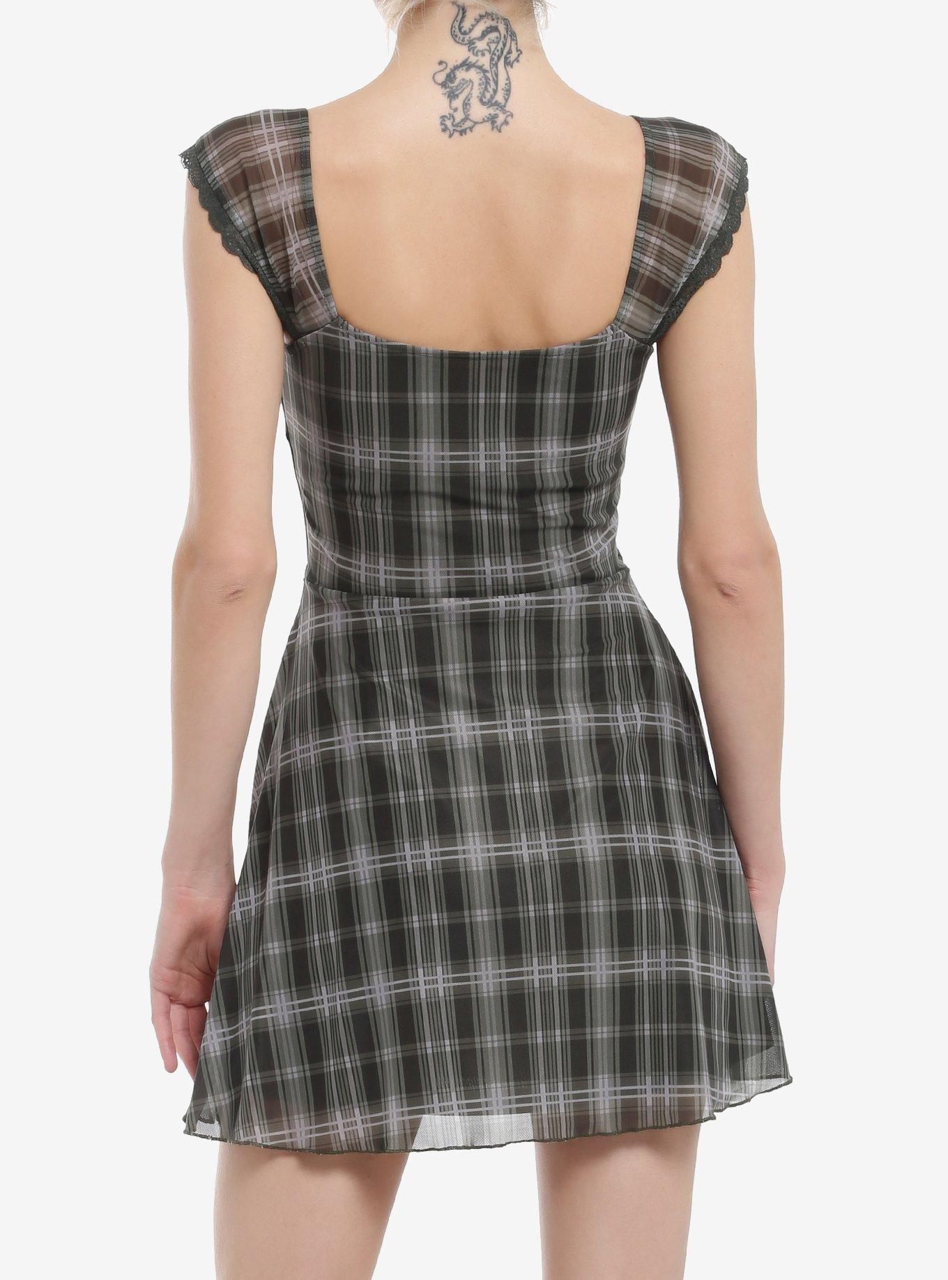 Light & Dark Green Plaid Cap Sleeve Mini Dress, BLACK, alternate