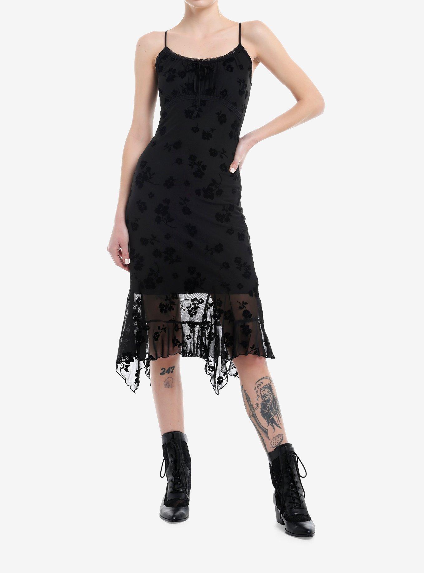 Black Floral Velvet & Mesh Cami Dress, , hi-res